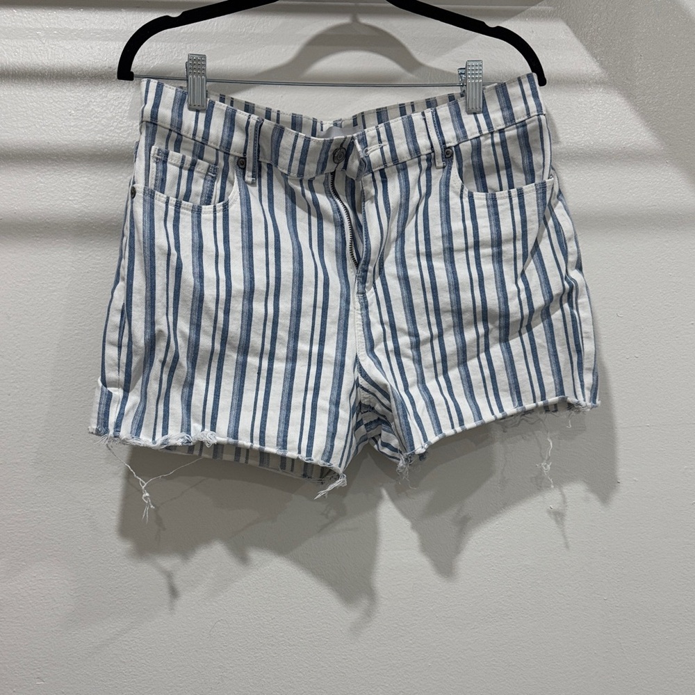 Striped Blue and White Women Shorts- LOFT
